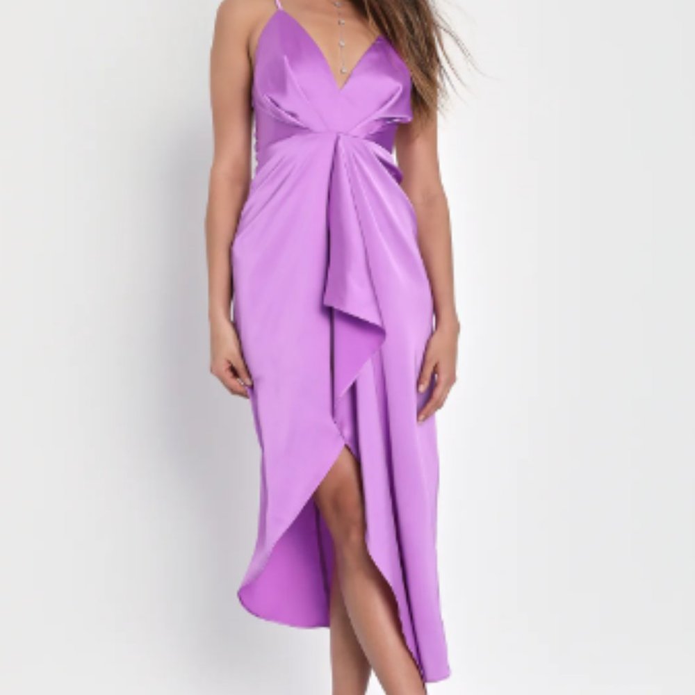 Brand New With Tags Lulu's Caught Feelings Purple Satin Ruffled Midi Dress